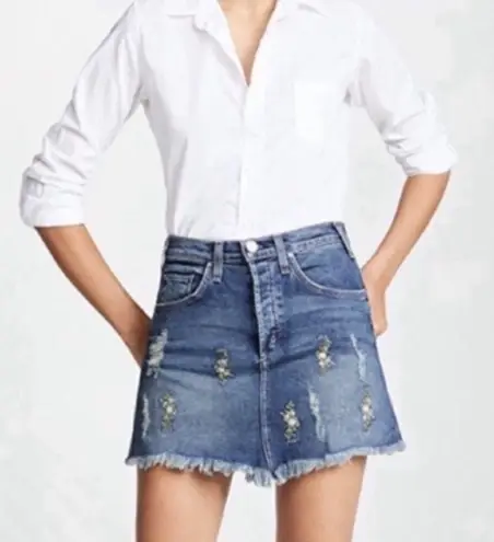 McGuire Denim MCGUIRE IZABEL EMBROIDERED BLUE DENIM RAW HEM HIGH RISE MINI SKIRT 26