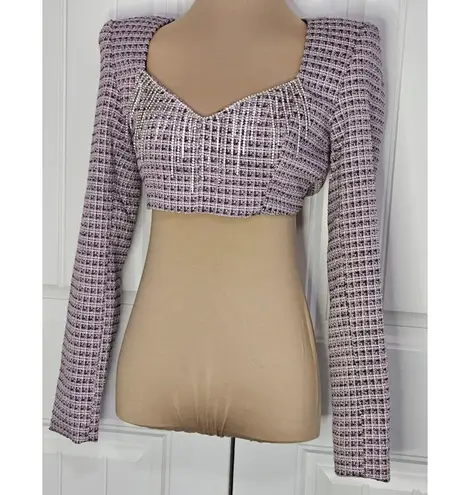Bershka Laced Open Back Cropped Top Rhinestone Fringe Pink Black And White Tweed