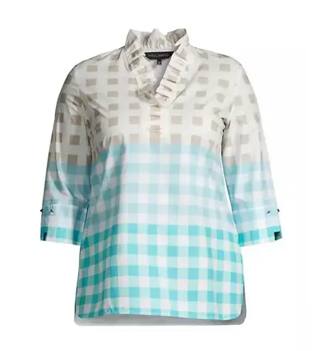 Ming Wang Top Womens 2XL Tan Blue Check Gingham Poplin 100% Cotton Tunic Ruffle
