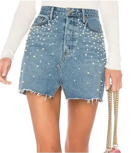 Milla Embellished Crystal & Pearls Raw Hem Frayed Mini Denim Skirt Jean Skirt in Solstice Blue Size M