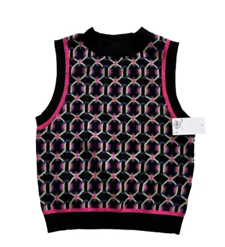 SO  Retro Sweater Vest Preppy Black Fuchsia Crop High Neck Vest Junior Medium NEW