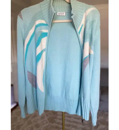 Vintage Basler Angora Wool Zip Cardigan Sweater Abstract Winter Autumn Artsy 80s Blue Size M