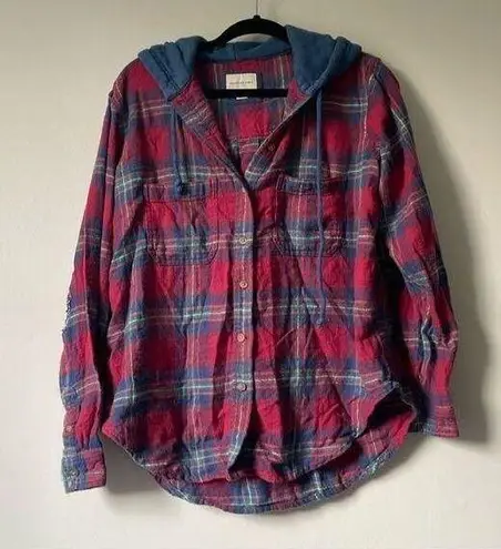 American Eagle  Red Blue Plaid Flannel Hooded Button Down Shirt Shacket sz Small