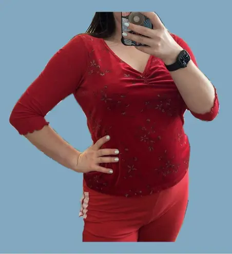 Actress Red Velvet Sparkle and Micromesh 3/4 Sleeve Top Size L