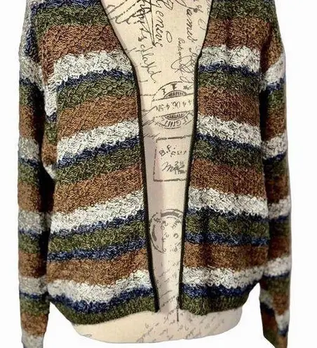 Vintage Hand Knit Open Front Cardigan Sweater With Zipper Detailing + Stripes Brown Size M