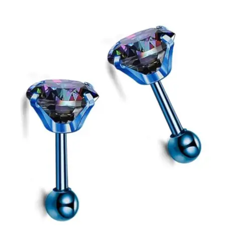 Iridescent Blue CZ Barbell Earrings – 20G Surgical Steel Studs 6mm