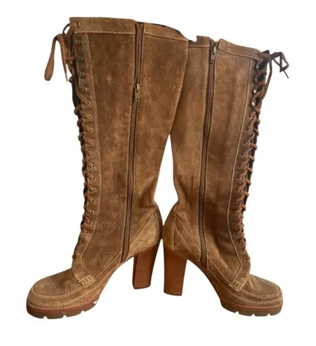 Y2K CHUNKY BROWN SUEDE LACE UP KNEE HIGH MK HEELED BOOTS US SIZE 9