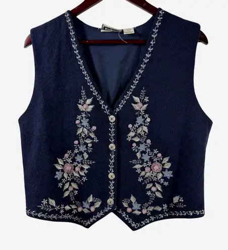 TanTrums Wool Floral Embroidered Vest Women's 70% Wool Cottagecore Boho 1990s L Blue Size L