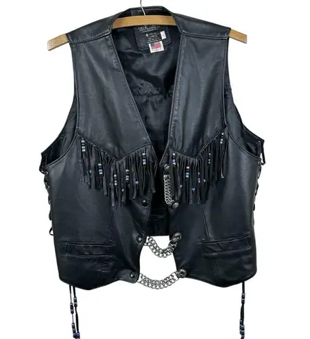 Vintage Harley Davidson Black Leather Fringe Vest Size L Biker Chic Edgy Jacket Size L