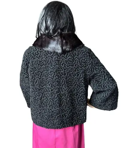 Vintage 1960's Faux Persian wool crop coat with fur collar black size medium