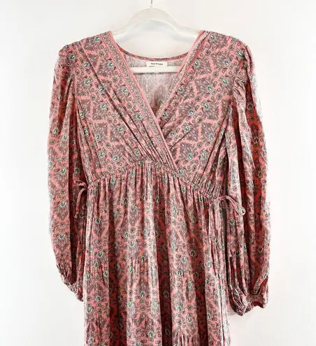 Max Studio  Long Sleeve V Neck Printed Midi Dress Maroon Red Small