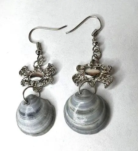 Handmade Dangle Earrings Genuine Handcrafted Seashell Crab Shades of Blue Gray Coastal
