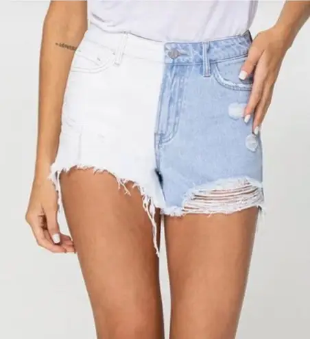 Vervet Womens M High Rise Two Tone Distressed Jeans Shorts Frayed Denim Festival Blue Size M