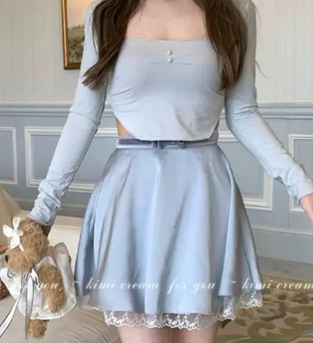 Japanese Kawaii Pastel Grey Blue Lace Velvet Bow Ribbon Silky Mini Skirt Size XS