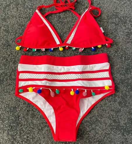 Boutique Red Pom Pom meshed high waisted swimsuits