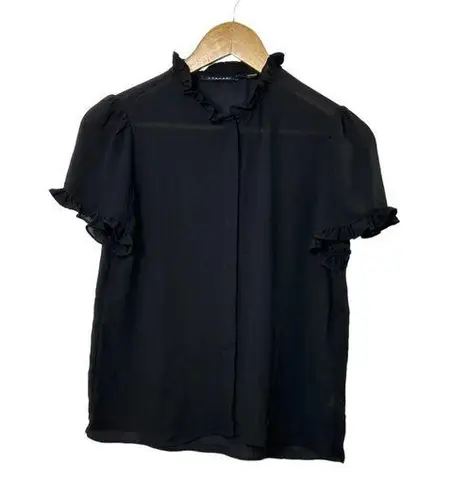 T Tahari  Short Sleeve Black Semi-Sheer Ruffled Button Up Blouse Women's Sz XS