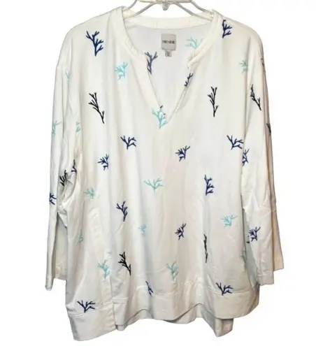 Nic+Zoe plus size coral reef embroidered white beachy v-neck tunic top size 1X