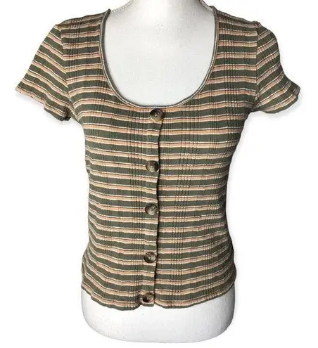 American Eagle  Ribbed Striped Henley Button Front Short Sleeve T-shirt