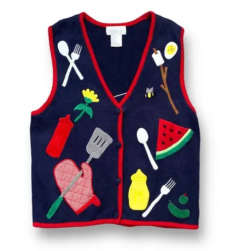 Vintage 90s Picnic BBQ Knit Sweater Vest Embroidered Patriotic Red White Blue Size L