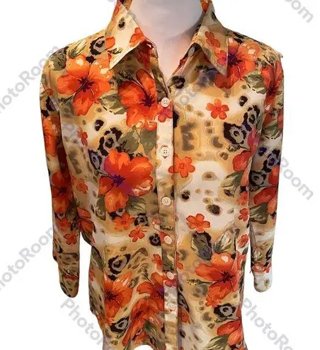 Christopher & Banks Orange Yellow Green Cream Black Abstract Floral Print Blouse