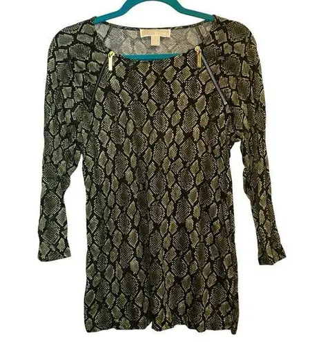 Michael Michael Kors Snake Print Top Gold Zip Detail 3/4 Sleeve Size M Black Size M