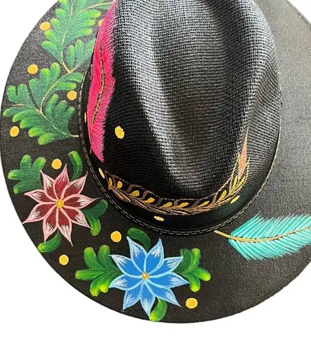 HAT MEXICAN Artisanal Hand Painted Fedora Floral Sombrero Panama Bohemian Black