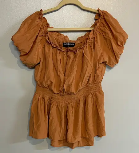 Scarlet Darkness Top Large Peasant Bardot Ruffle Blouse Smocked Waist Shirt Orange