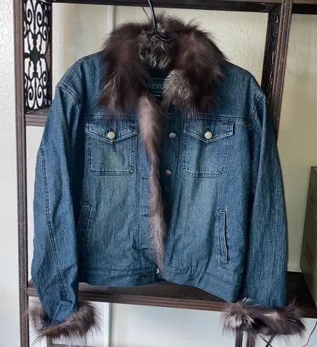 Overland Fox Fur Trim Denim Jean Jacket Women Size Large Blue