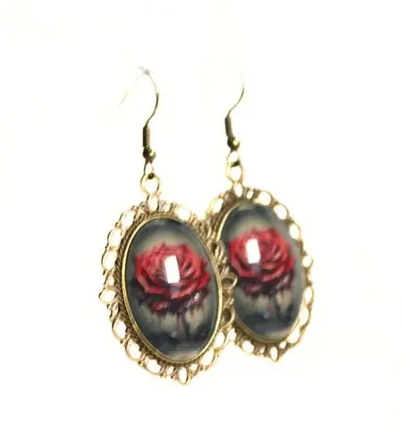 Handmade Gothic Victorian “Crimson Bloom” Dripping Rose Cameo Earrings