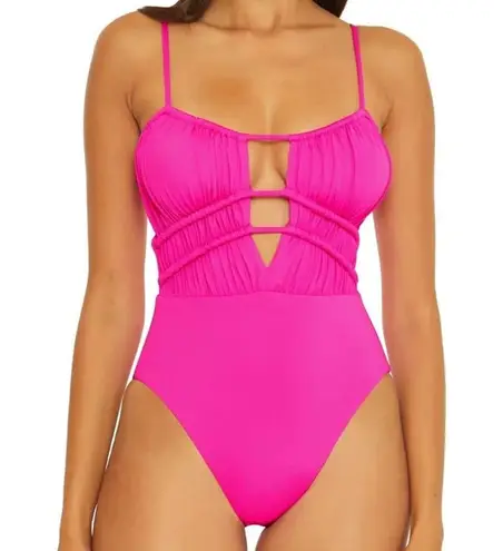Becca Color Code Santorini One-Piece Swimsuit shirr front tie back plunge neck M