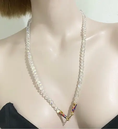 Vintage Clear Aurora Borealis AB Crystal Czech Fire Beads Enamel Clasp Necklace