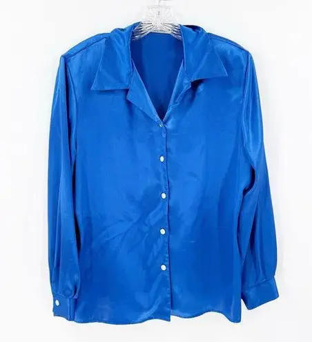 Norton Mcnaughton Vintage Blue Statin Button Front Blouse Women's Size 14P FLAWS