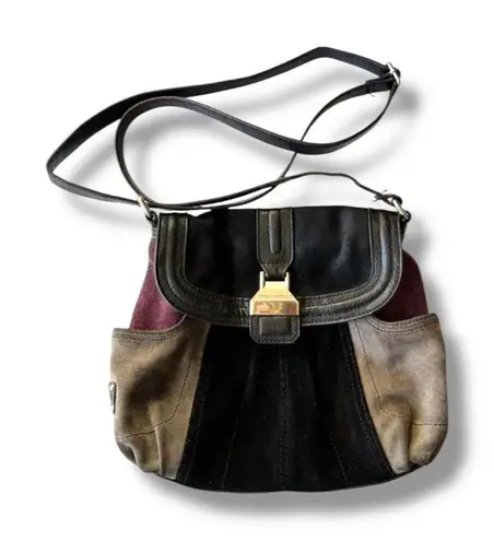 Tignanello Suede Colorblock Leather Flap Crossbody Bag Purse Black Burgundy Gray