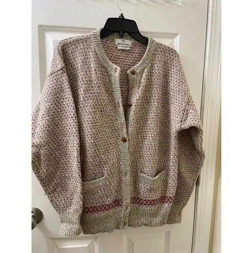 Vtg Sierra Woolen Mills Knit Cardigan Sweater grey knit pink little hearts L Size L