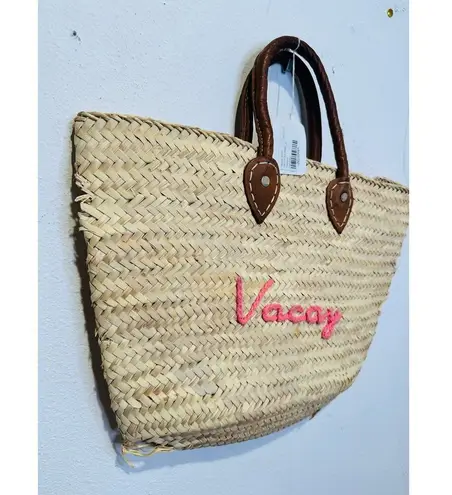 POOLSIDE Woven Straw Open Tote Pink “VACAY” Text Leather Handle Tote Purse
