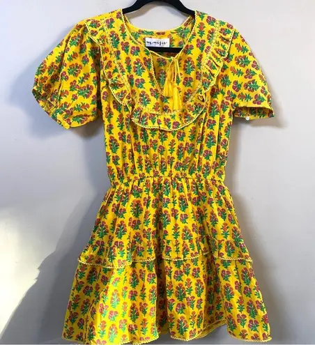 Maisie Yellow boho block print ruffled tassel tie puff sleeve mini dress XS