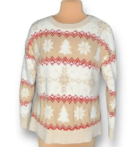 Holiday Time  Sweater Neutral Knit Pullover Cream Tan Snowflake Tree Fair Isle