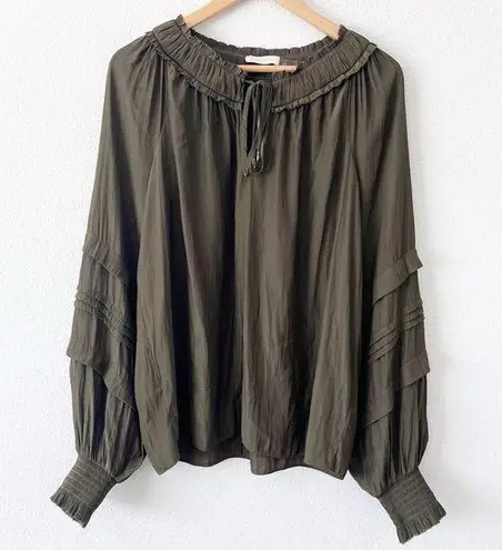 Ramy Brook Merry Ruffle Smocked Split Tie Neck Blouse Top in Olive Green