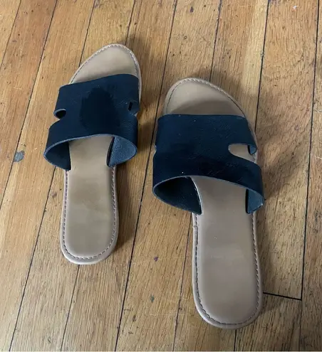 West Loop Black and Tan Slip-On Sandals with Suede Straps