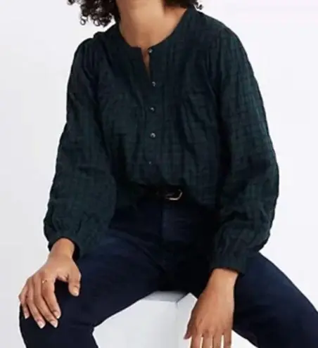 Madewell  Women’s Green/Navy Plaid Balloon‎ Sleeve Button Down Peasant Top Sz Med