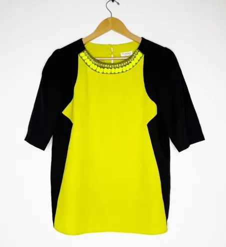 Miss Selfridge Embellished Colorblock Top Size US 8 / UK 12 Neon Yellow & Black