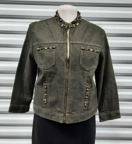 Ruby Rd Petite Womens Beaded Denim Jacket 10P Green Zip Embellished Boho Western