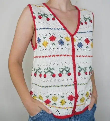 Vintage 90s Gina Peters Cottagecore Floral Cherry Sweater Vest White