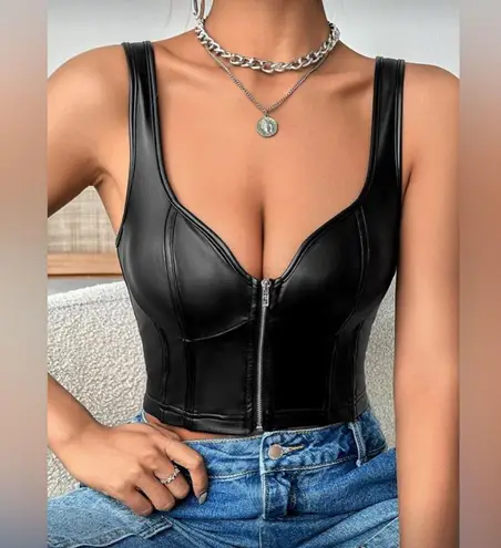 NEW Black Faux Leather Zip Up Front Crop Tank Top Size Large