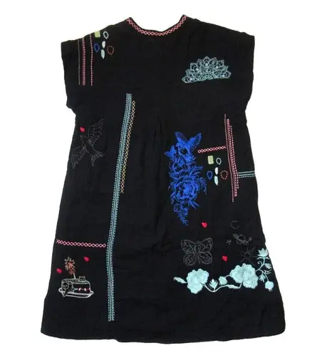 Johnny Was NWT Nahmad in Black Embroidered Cotton Gauze Shift Dress XS $270