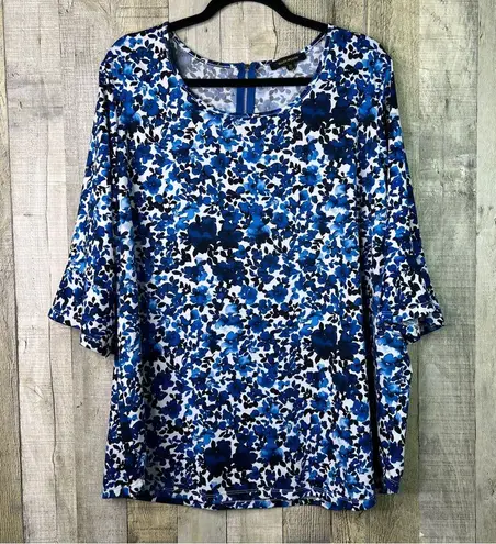 Ellen Weaver Size 3X White & Blue Floral Crewneck Short Bell Sleeve Blouse W/Zip