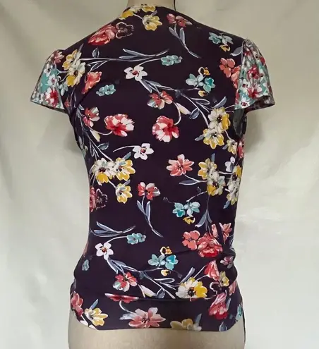 Loveappella Faux Wrap Floral Top Size XS Blue Purple Colorblock Stretch Tie Boho