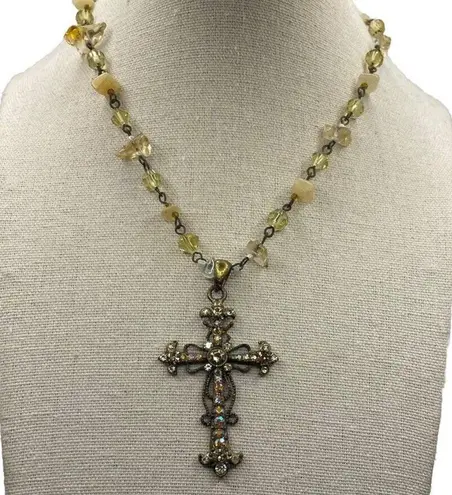 Cookie Lee Vintage Bronze Western w/Pink Stone Rhinestone Cross Pendant Necklace