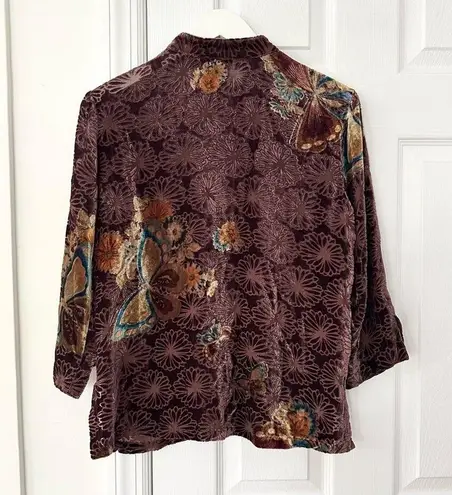 Citron Brown Velvet Butterfly Mandarin Collar Neck Button Up Blouse Small Asian
