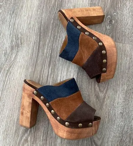 Vintage Y2k wooden clog platform open toe heels leather suede blue brown tan 7.5 Multiple